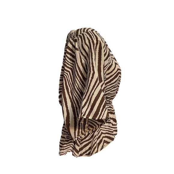 Jaquline Design Studio Brown Cream  Bell Sleeve Top Womens Large Ruched Waist - Picture 7 of 9